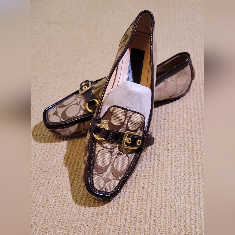 Coach Brown Monogram Loafers with Gold Buckle